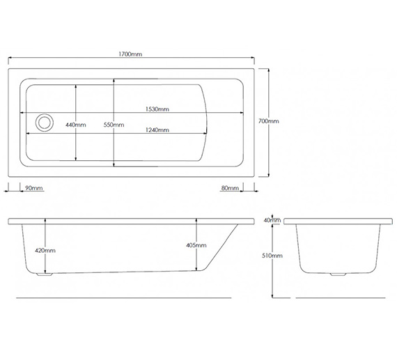 Pura SQR 1700 x 700mm Single Ended Bath | PBSQSE17X70