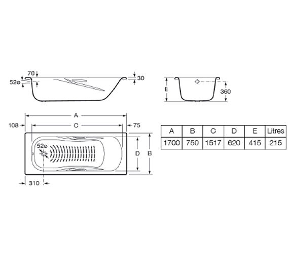 Roca Princess-N 1700 x 750mm Steel Bath With Anti-Slip Base