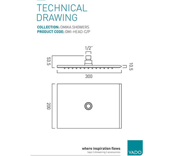 Vado Omika 200 x 300mm Single Function Chrome Rectangular Shower Head