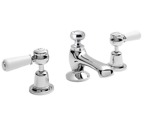 Bayswater Deck Mounted 3 Tap Hole Chrome Basin Mixer Tap With White Lever And Dome Collar