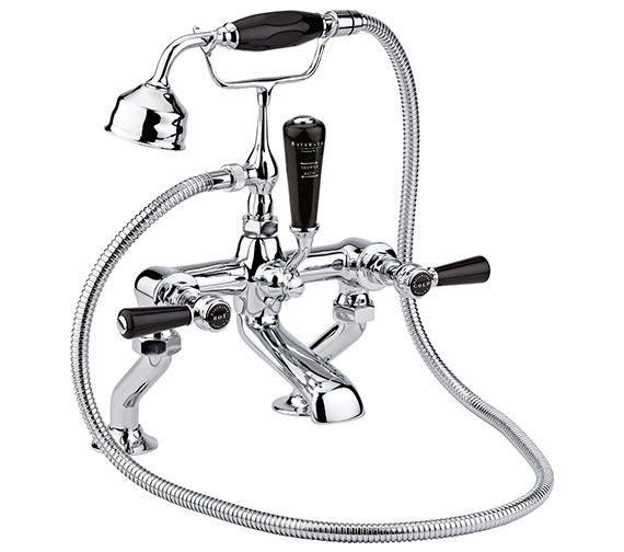 Bayswater Deck Mounted Chrome Bath Shower Mixer Tap With Black Lever And Hex Collar