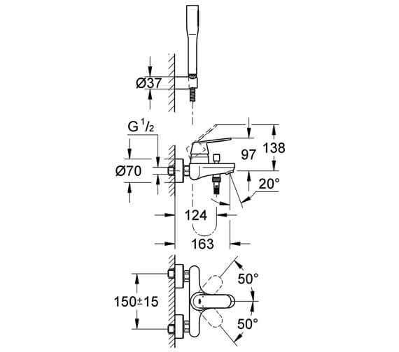 Grohe Eurosmart Cosmo Wall Mounted Chrome Bath Shower Mixer Tap With