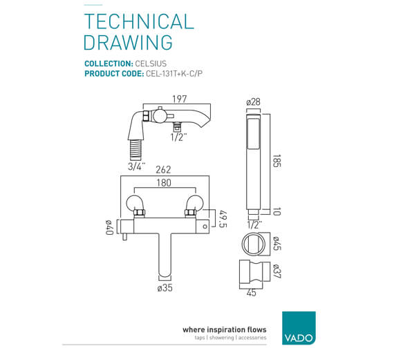 Vado Celsius Pillar Mounted Thermostatic Bath Shower Mixer With Kit