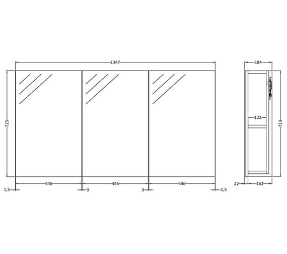 Hudson Reed Quartet 1350 x 715mm 3 Door Mirror Cabinet - QUA009