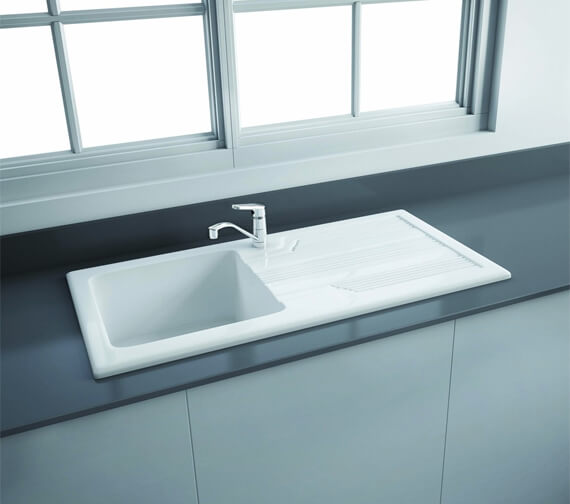 RAK Gourmet Sink 4 Single Bowl White Kitchen Sink With Reversible Drainer
