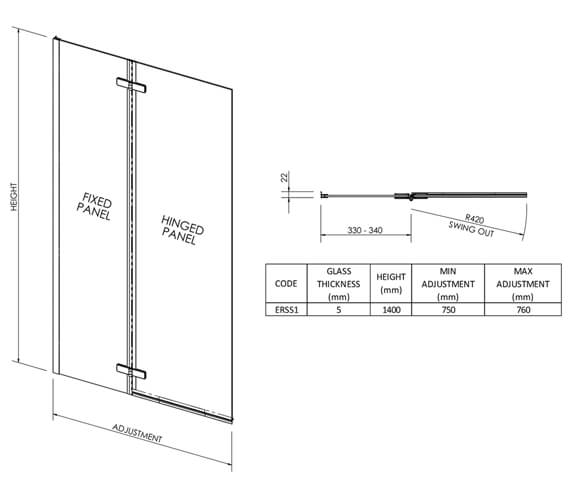 Nuie Ella 745 x 1400mm Square Hinged Bath Screen - ERSS1