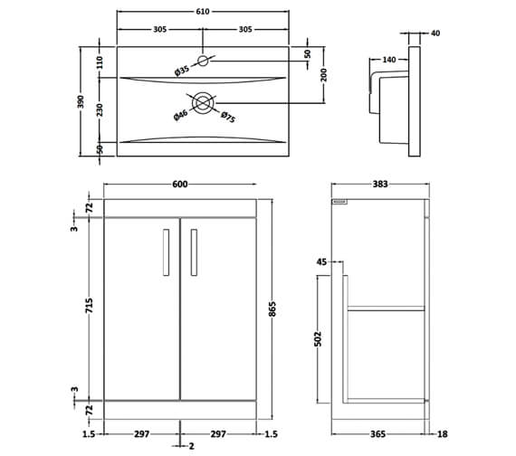 Nuie Athena Floor Standing 2 Door Cabinet With Worktop And Basin - ATH006W