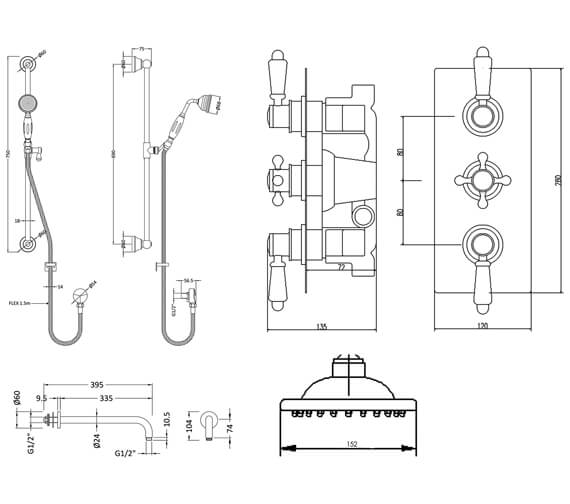 Nuie Traditional Triple Thermostatic Valve With Shower Kit Chrome And