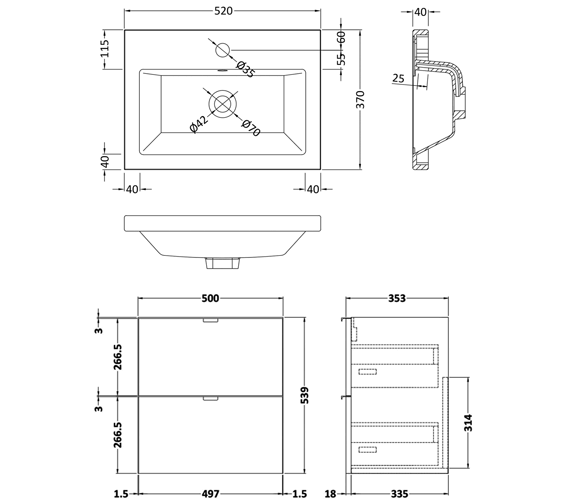 Hudson Reed Fusion 500mm Full Depth 2 Drawer Vanity Unit And Basin - CBI130