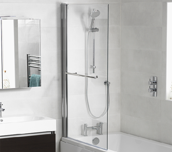 Pura Bloque 820 x 1455mm Reversible Hinged Bath Screen With Chrome Finish Frame And Handle
