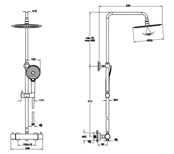 VitrA Aquaheat Bliss 250 Chrome Thermostatic Mixer Valve And Shower Set