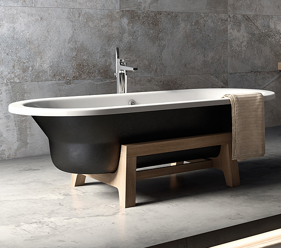 Roca Art Plus Oval Freestanding Steel Bath 1800 x 800mm - Black Exterior With Natural Oak Platform