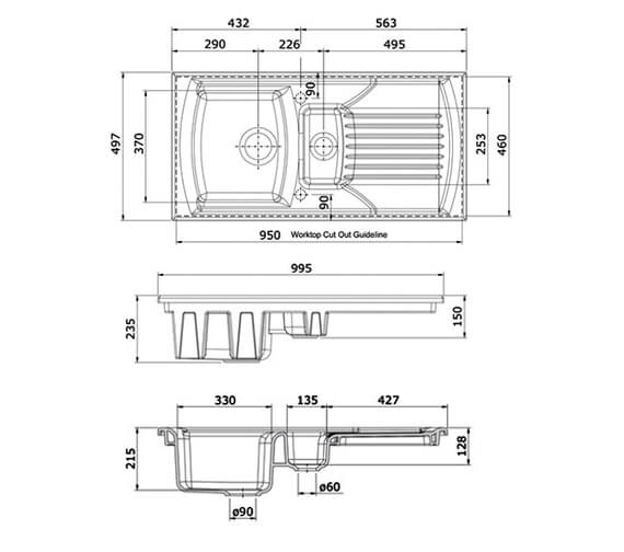 Rangemaster Tenby 497 x 995mm 1.5 Bowl White Kitchen Sink