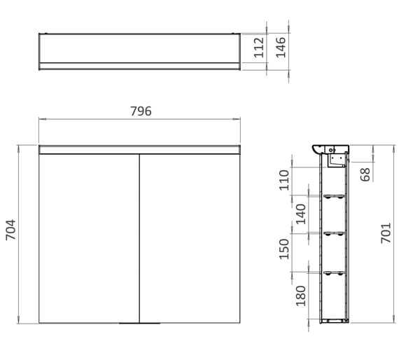 Crosswater Lustro 700mm Height LED Mirrored Cabinet