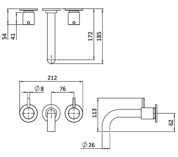 Crosswater MPRO 3 Hole Wall Mounted Bath Mixer Tap