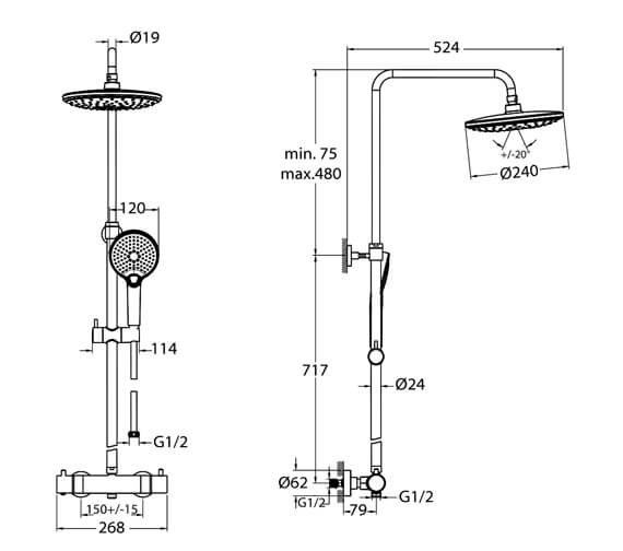 VitrA Aquaheat Bliss 240 Exposed Thermostatic Shower Column