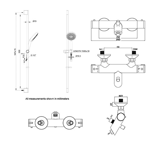 Crosswater Thermostatic Chrome Bath Shower Mixer Tap With Slide Rail Kit