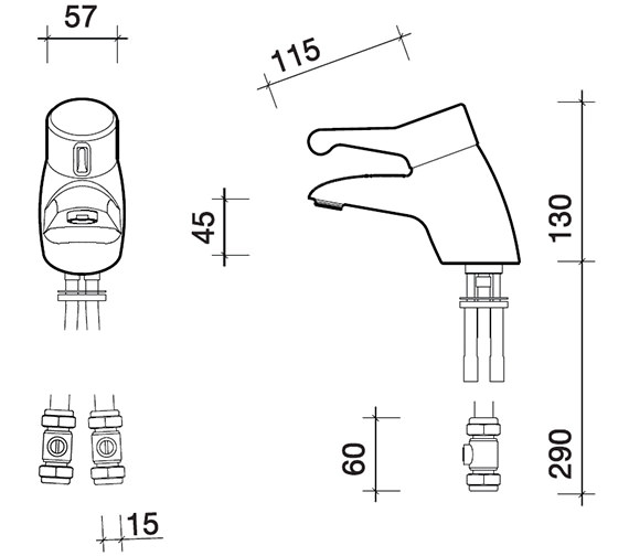 Twyford Sola Thermostatic Chrome Monobloc Basin Mixer Tap With Copper Tails SF1053CP
